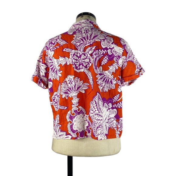 Calligraphie Anthropologie Linen Blend Button Front Top Medium Red Purple Floral - Picture 3 of 6